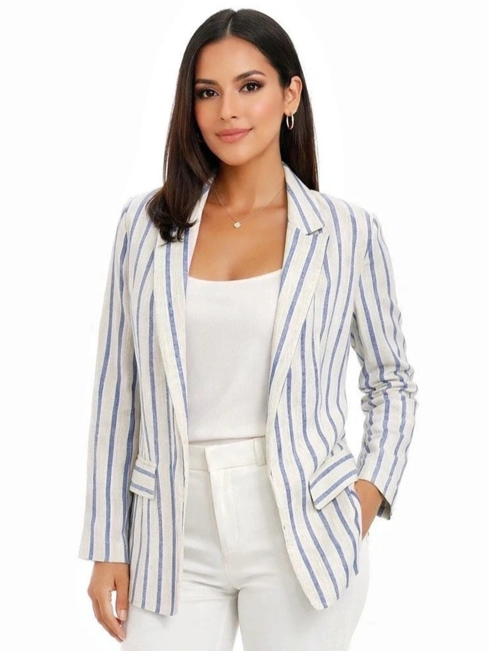 H&M Striped Linen Blend Blazer White & Blue Size 6